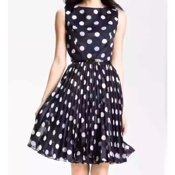 Adrianna Papell Dresses & Skirts - ADRIANNA PAPELL Navy & White Polka Dot Chiffon Pleated Dress Sleeveless Size 2